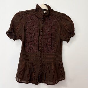 Bebe Y2K Victorian Style Mock Neck Peplum Brown Silk Blend Top Size XXS